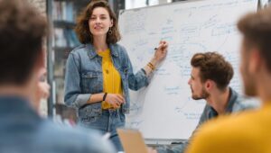 A young woman leads a brainstorming session, presenting ideas on a whiteboard to a small group of attentive colleagues in a casual office setting 2ï¸âƒ£ A female manager is presenting a marketing plan on a whiteboard during a meeting in the office. A woman wearing a denim jacket and a yellow shirt is standing at the front of the conference room, pointing to a flip chart with a flowchart diagram while talking about a sales strategy to the team members. --ar 3:2 --v 7 Job ID: 74070ca9-c3b1-41cb-a5dd-8c17a695ce36