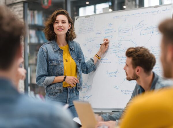 2ï¸âƒ£ A female manager is presenting a marketing plan on a whiteboard during a meeting in the office. A woman wearing a denim jacket and a yellow shirt is standing at the front of the conference room, pointing to a flip chart with a flowchart diagram while talking about a sales strategy to the team members. --ar 3:2 --v 7 Job ID: 74070ca9-c3b1-41cb-a5dd-8c17a695ce36