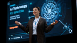A woman is speaking on stage about the future of AI technologies.