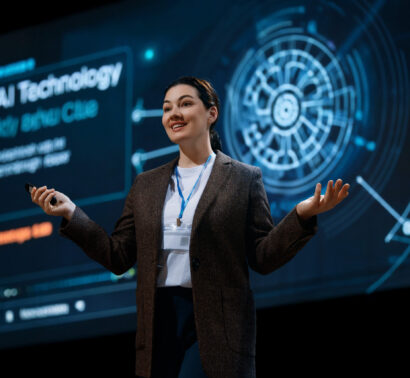A woman is speaking on stage about the future of AI technologies.