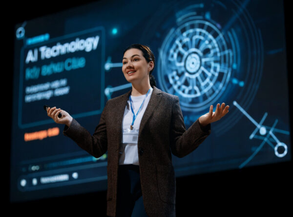 A woman is speaking on stage about the future of AI technologies.