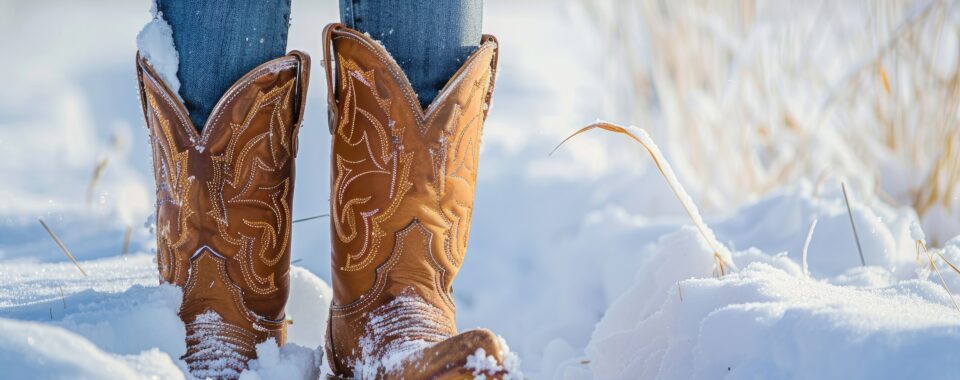 Work boots standing in snow during freezing weather in Texas