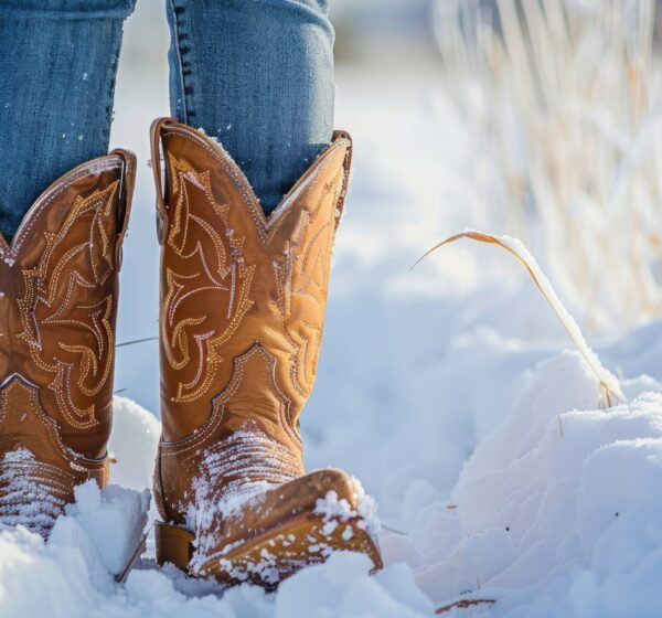 Work boots standing in snow during freezing weather in Texas