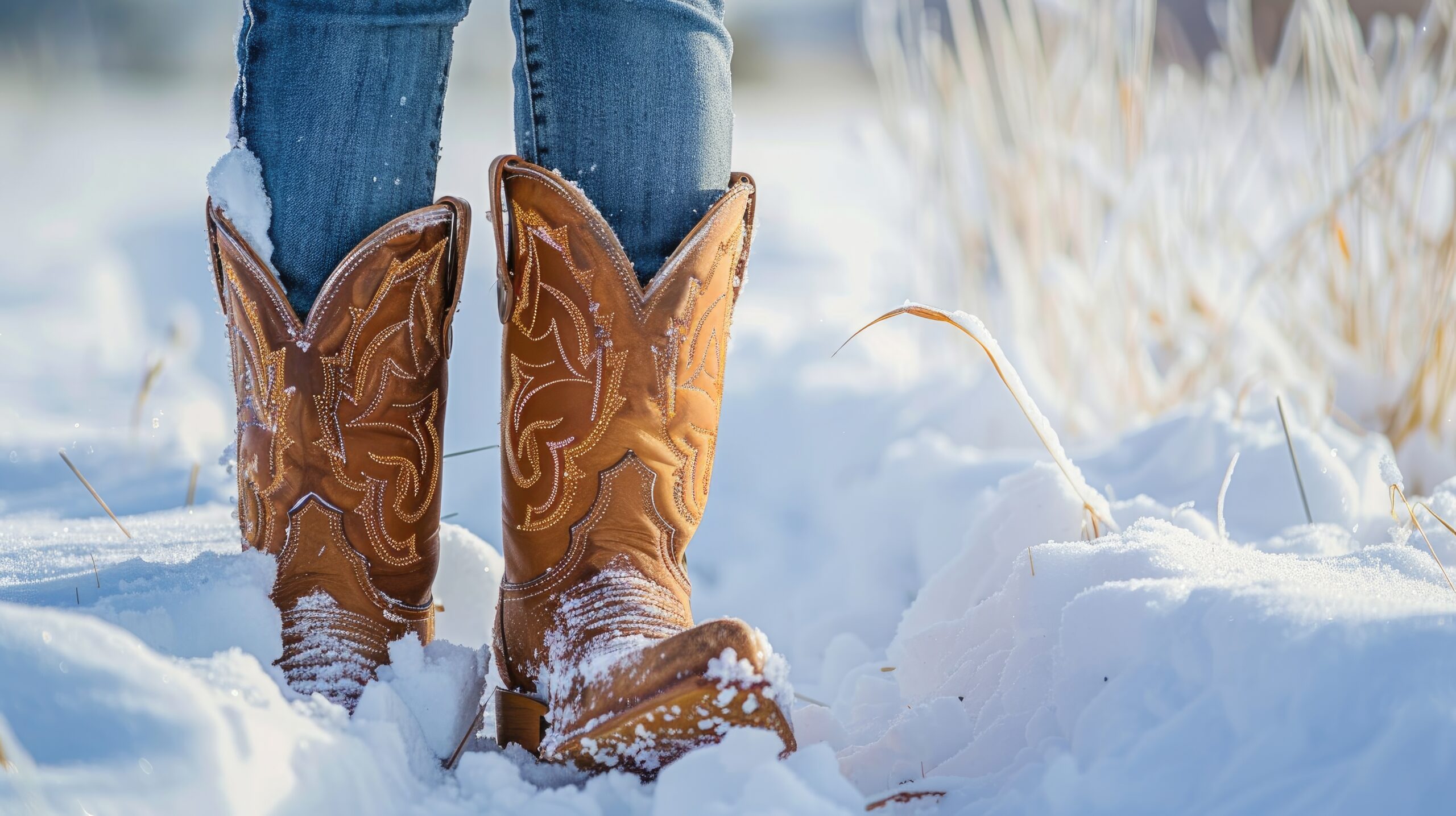 Work boots standing in snow during freezing weather in Texas